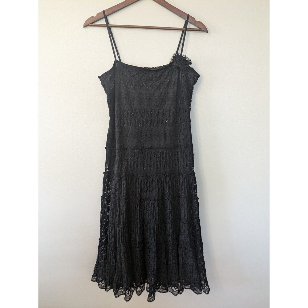 Vintage Max Studio Black Tiered Midi Dress Lace 90s Y2K Witchy Whimsigoth Medium